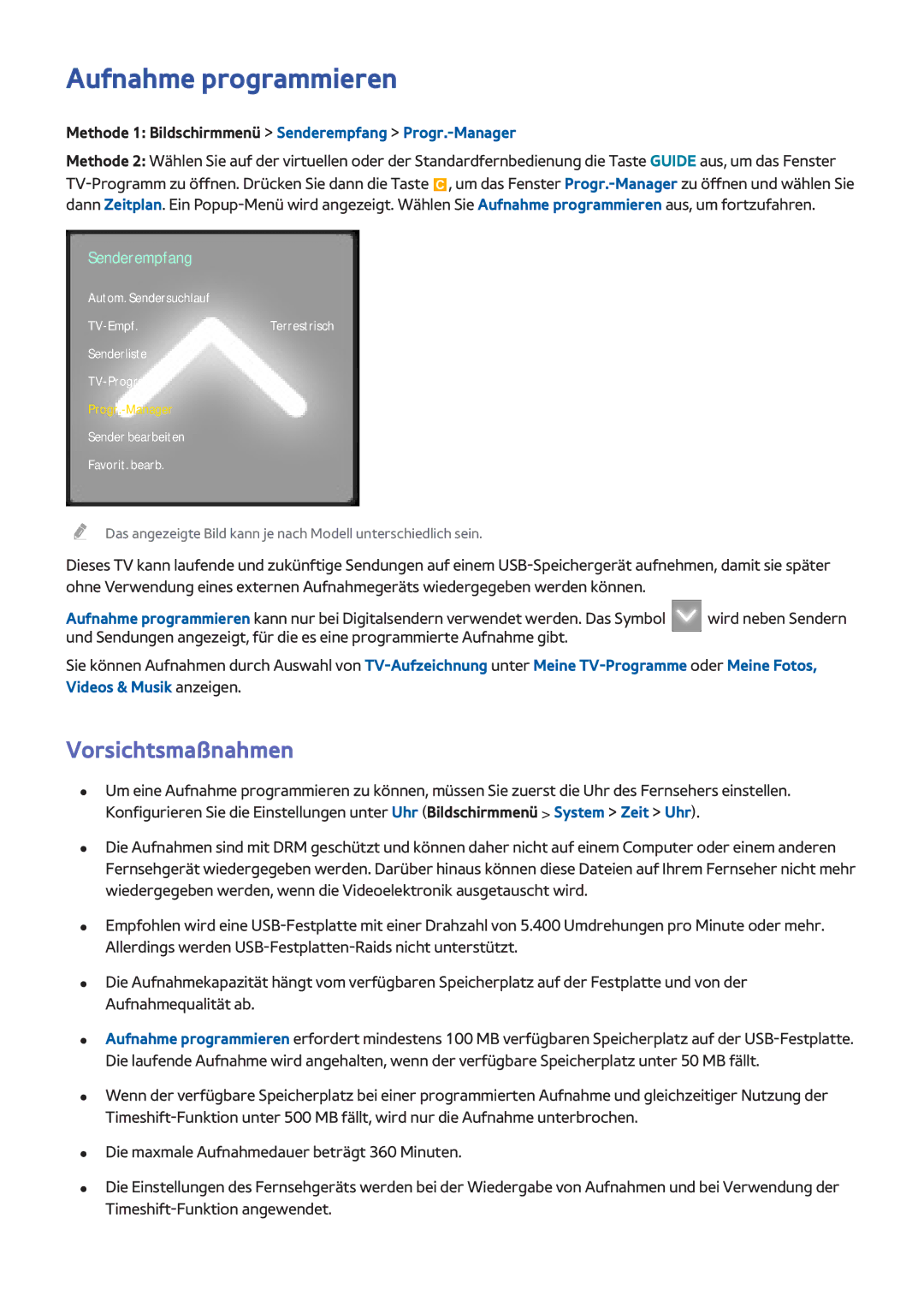 Samsung UE39F5370SSXZG, UE40F6800SSXTK manual Aufnahme programmieren, Methode 1 Bildschirmmenü Senderempfang Progr.-Manager 