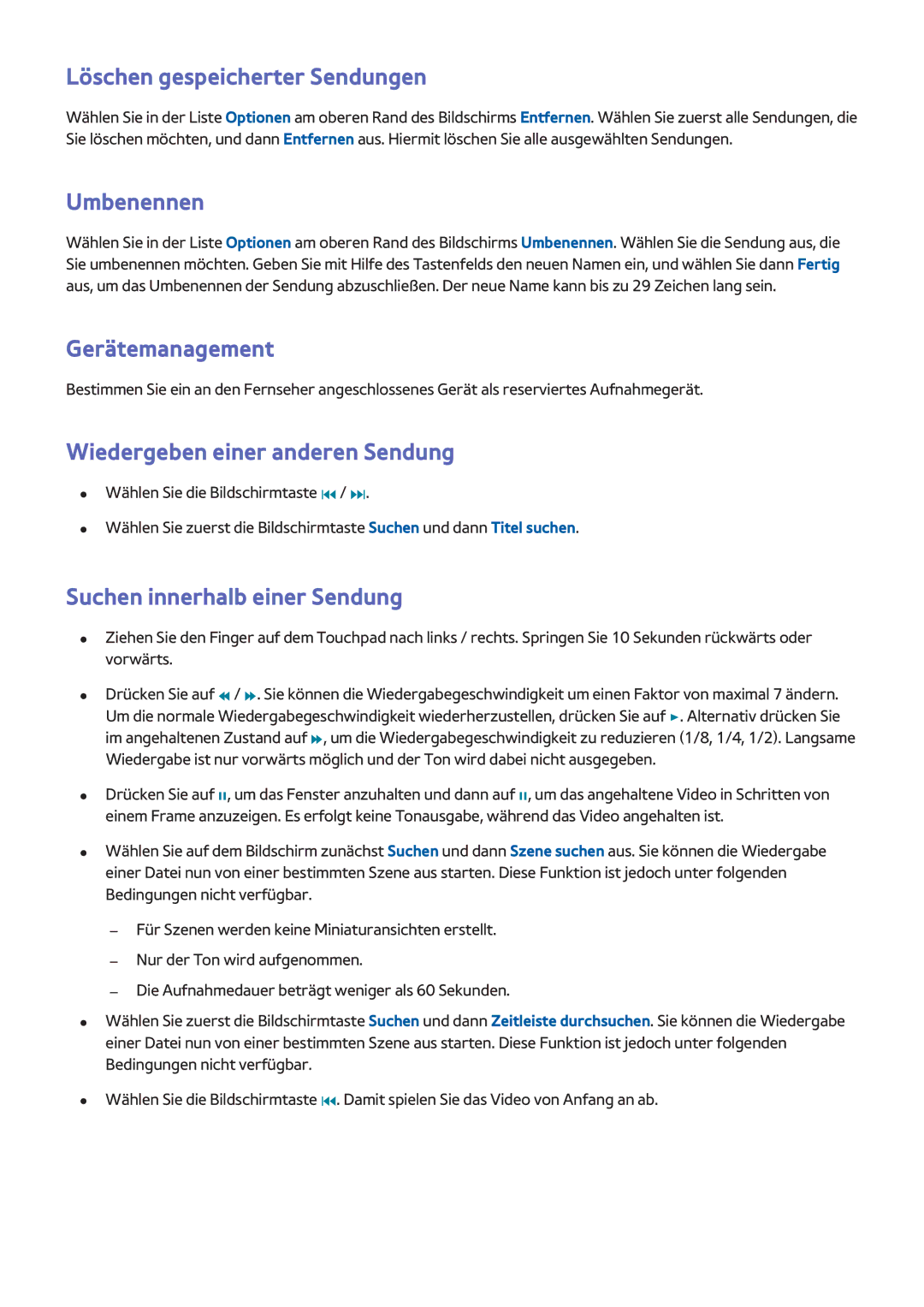 Samsung UE55F6740SSXZG Löschen gespeicherter Sendungen, Umbenennen, Gerätemanagement, Wiedergeben einer anderen Sendung 