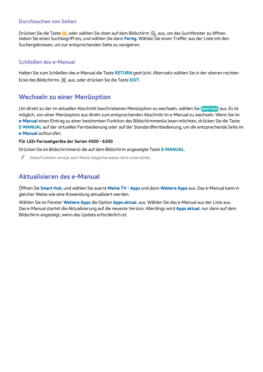 Samsung UE55F6750SSXZG, UE40F6800SSXTK Wechseln zu einer Menüoption, Aktualisieren des e-Manual, Durchsuchen von Seiten 