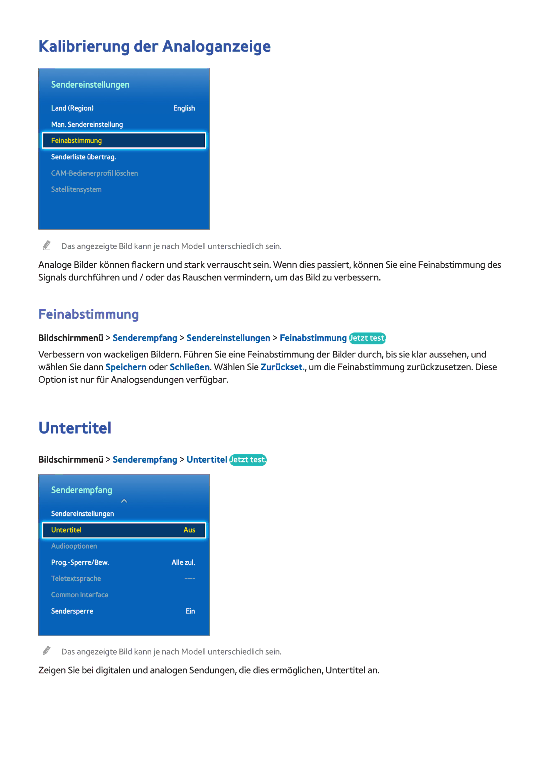 Samsung UE55F6345SBXXE, UE40F6800SSXTK Kalibrierung der Analoganzeige, Untertitel, Feinabstimmung, Sendereinstellungen 