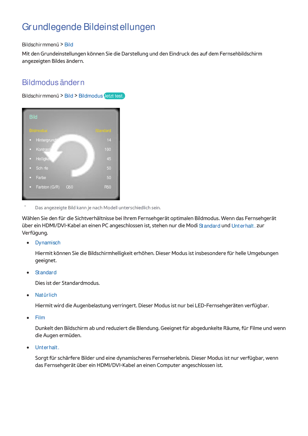 Samsung UE32F4580SSXZG, UE40F6800SSXTK, UE40F6500SSXXH, UE42F5700AWXXN manual Grundlegende Bildeinstellungen, Bildmodus ändern 