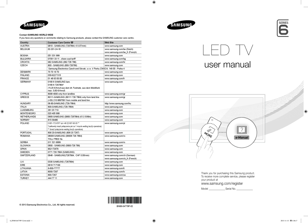 Samsung UE40F6500SSXXH, UE40F6800SSXTK manual 20 €/Anruf aus dem dt. Festnetz, aus dem Mobilfunk, BN68-04779P-02 