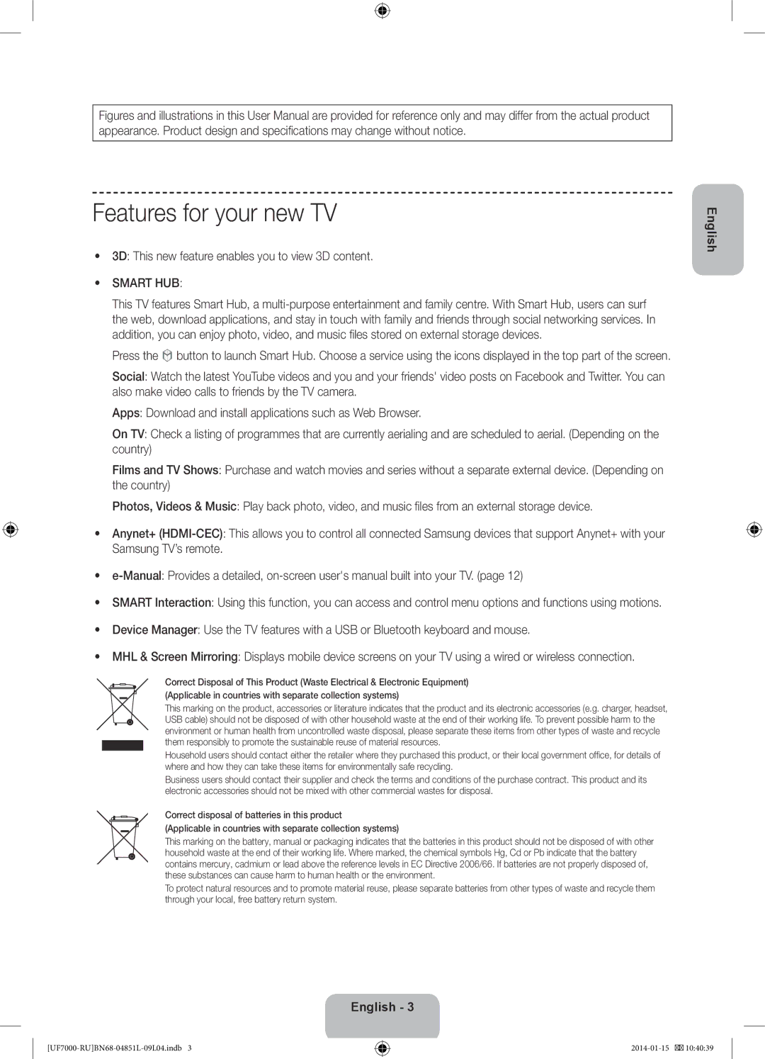 Samsung UE46F7000ATXRU, UE40F7000ATXRU manual Features for your new TV, 3D This new feature enables you to view 3D content 