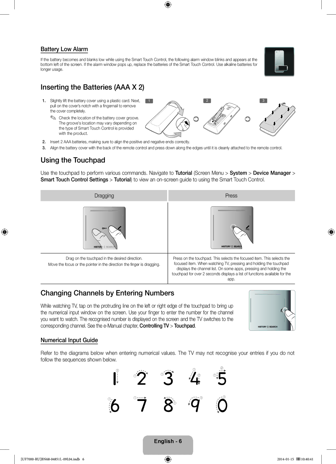 Samsung UE60F7000ATXRU manual Inserting the Batteries AAA X, Using the Touchpad, Changing Channels by Entering Numbers 