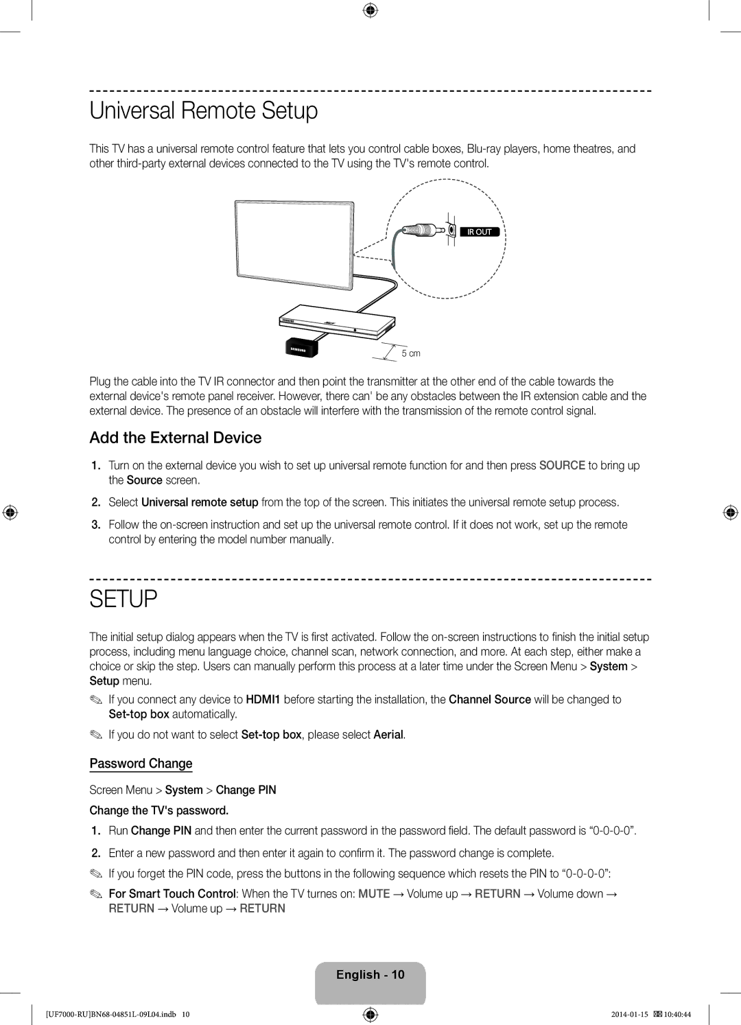 Samsung UE60F7000ATXRU, UE40F7000ATXRU, UE55F7000ATXRU Universal Remote Setup, Add the External Device, Password Change 