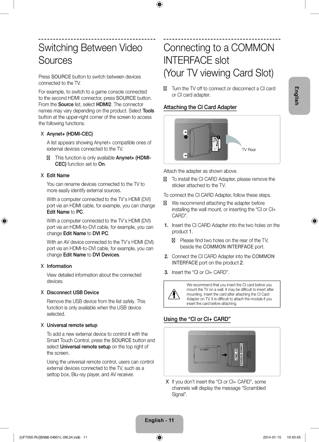 Samsung UE46F7000ATXRU manual Switching Between Video Sources, Your TV viewing Card Slot, Attaching the CI Card Adapter 