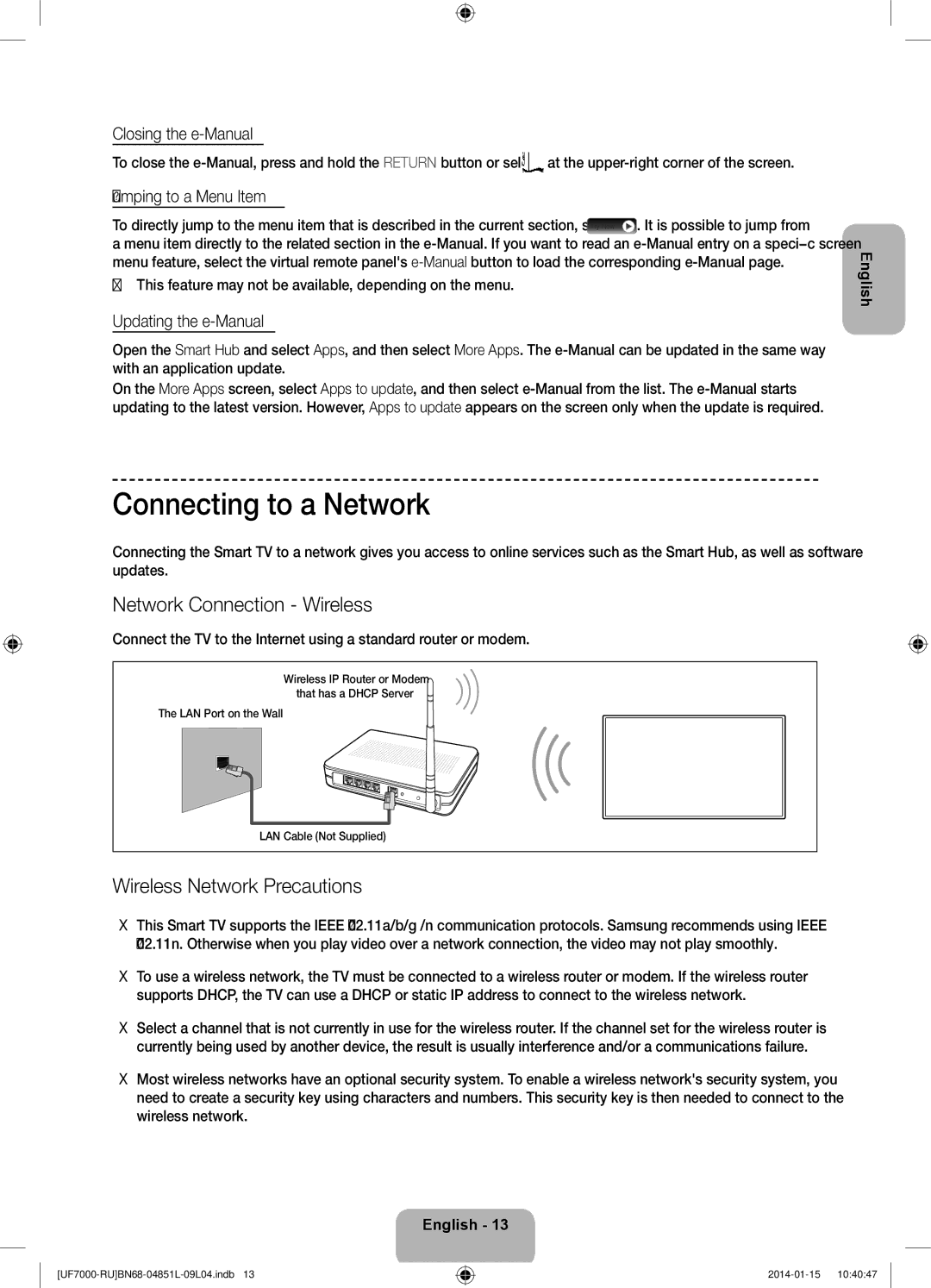 Samsung UE55F7000ATXRU, UE40F7000ATXRU Connecting to a Network, Network Connection Wireless, Wireless Network Precautions 