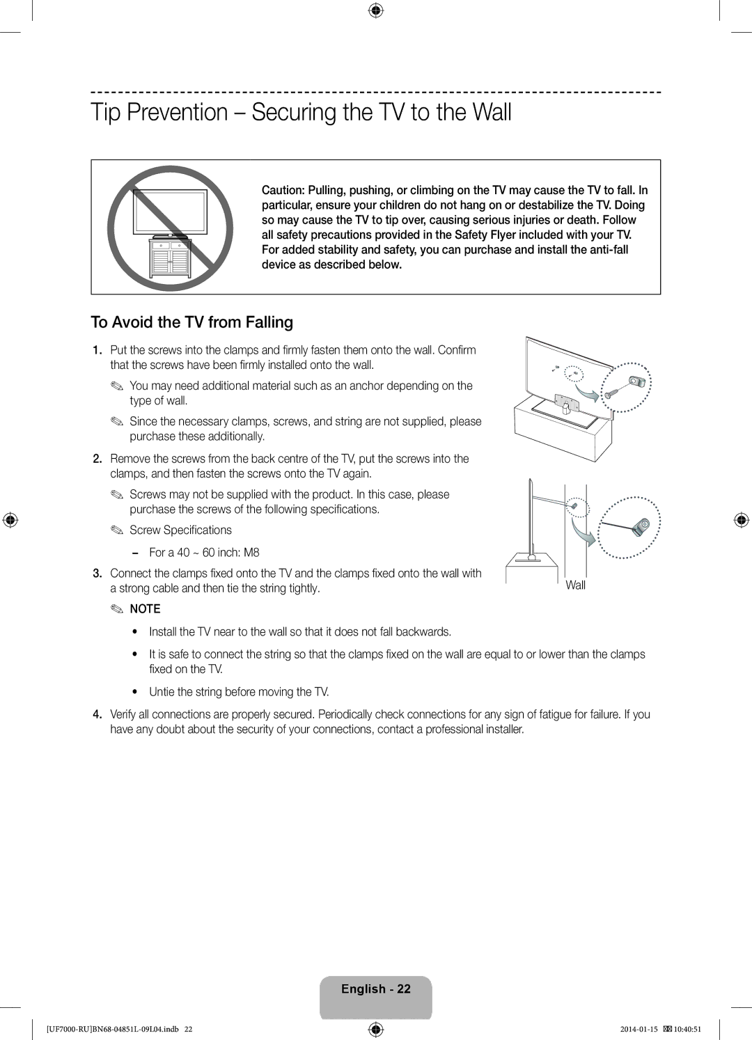 Samsung UE60F7000ATXRU, UE40F7000ATXRU Tip Prevention Securing the TV to the Wall, To Avoid the TV from Falling, Wall with 