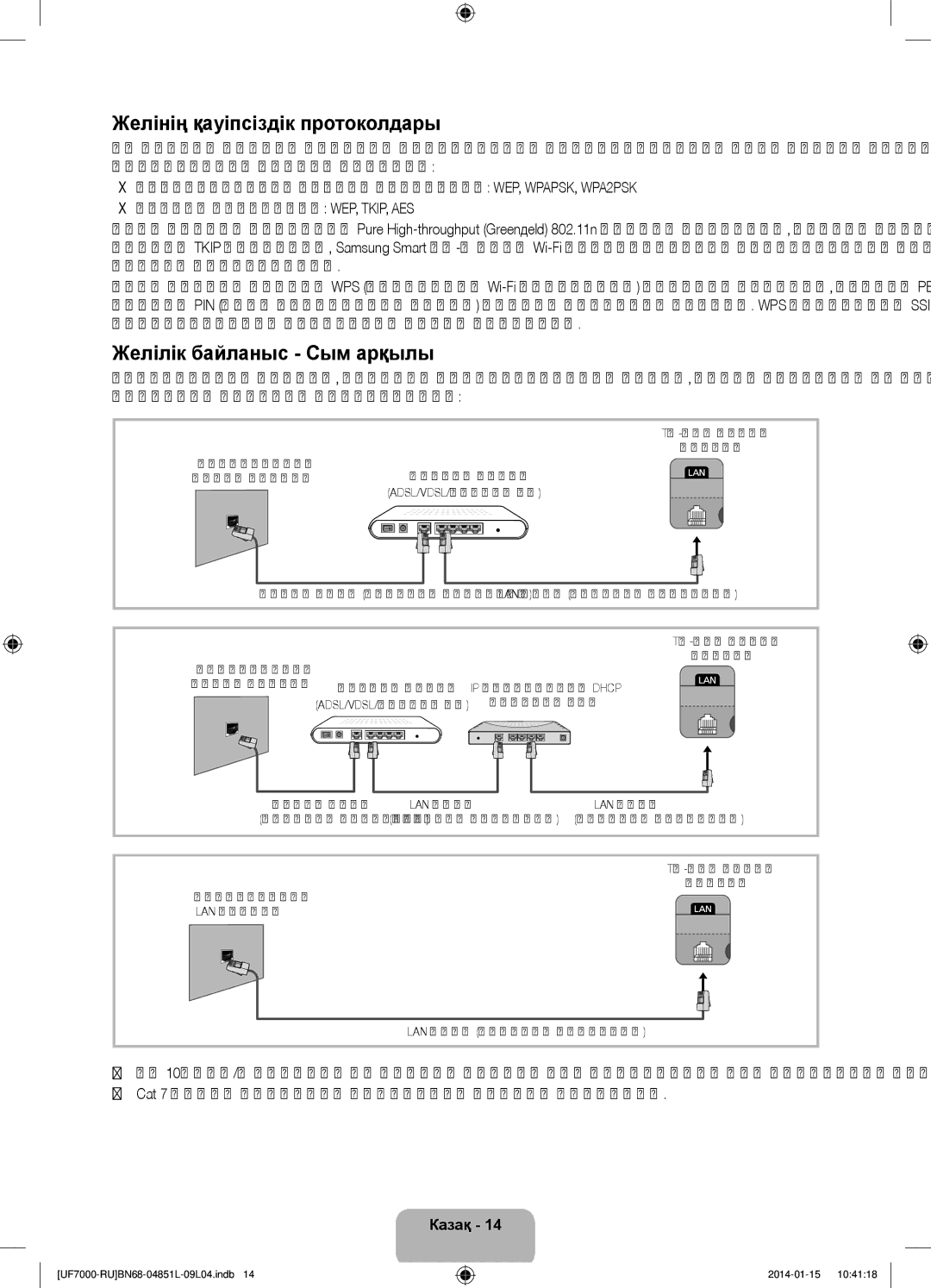 Samsung UE60F7000ATXRU manual Желінің қауіпсіздік протоколдары, Желілік байланыс Сым арқылы, Роутерлерге қосыла алмайды 