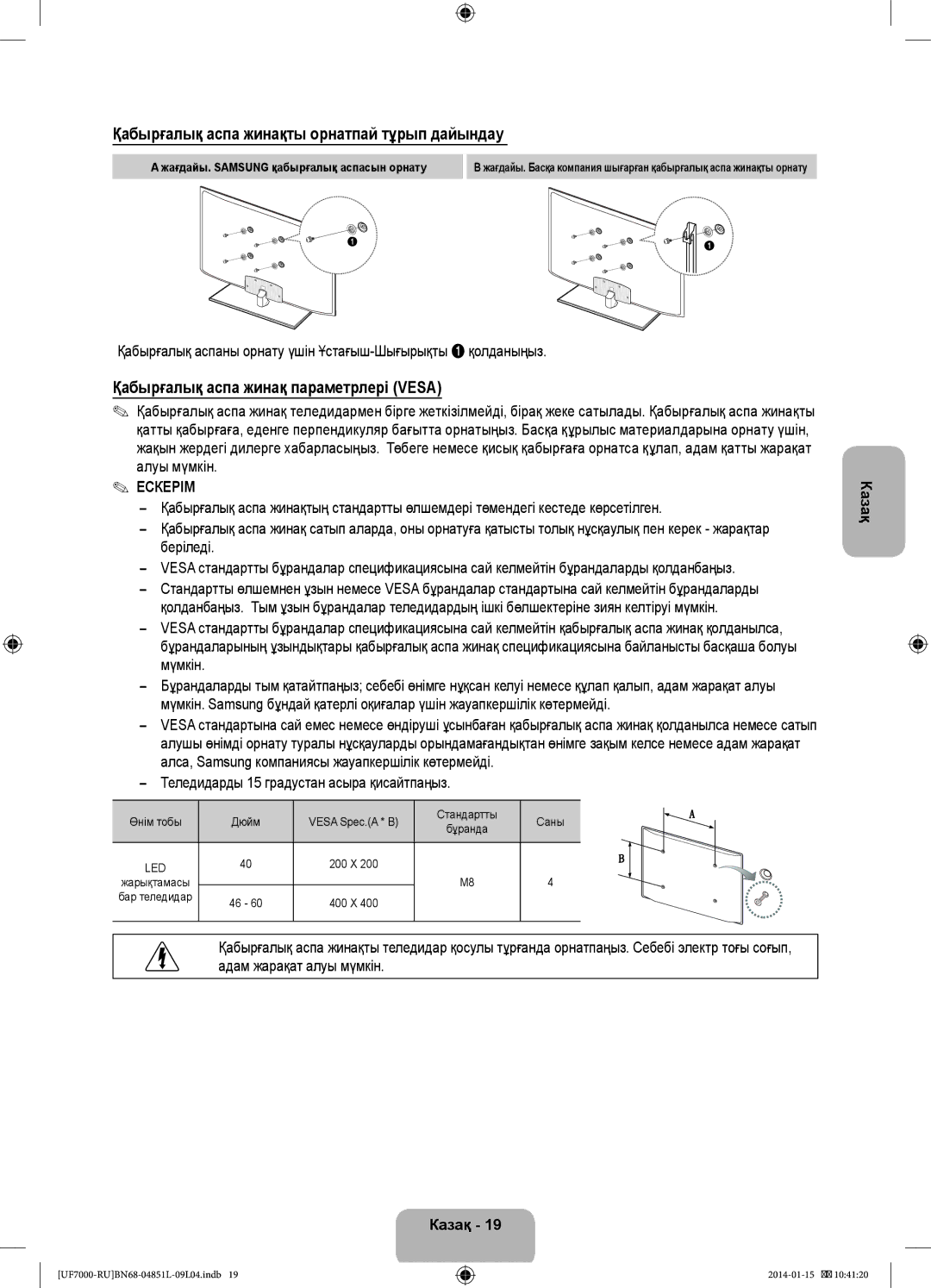 Samsung UE46F7000ATXRU manual Қабырғалық аспа жинақты орнатпай тұрып дайындау, Қабырғалық аспа жинақ параметрлері Vesa 