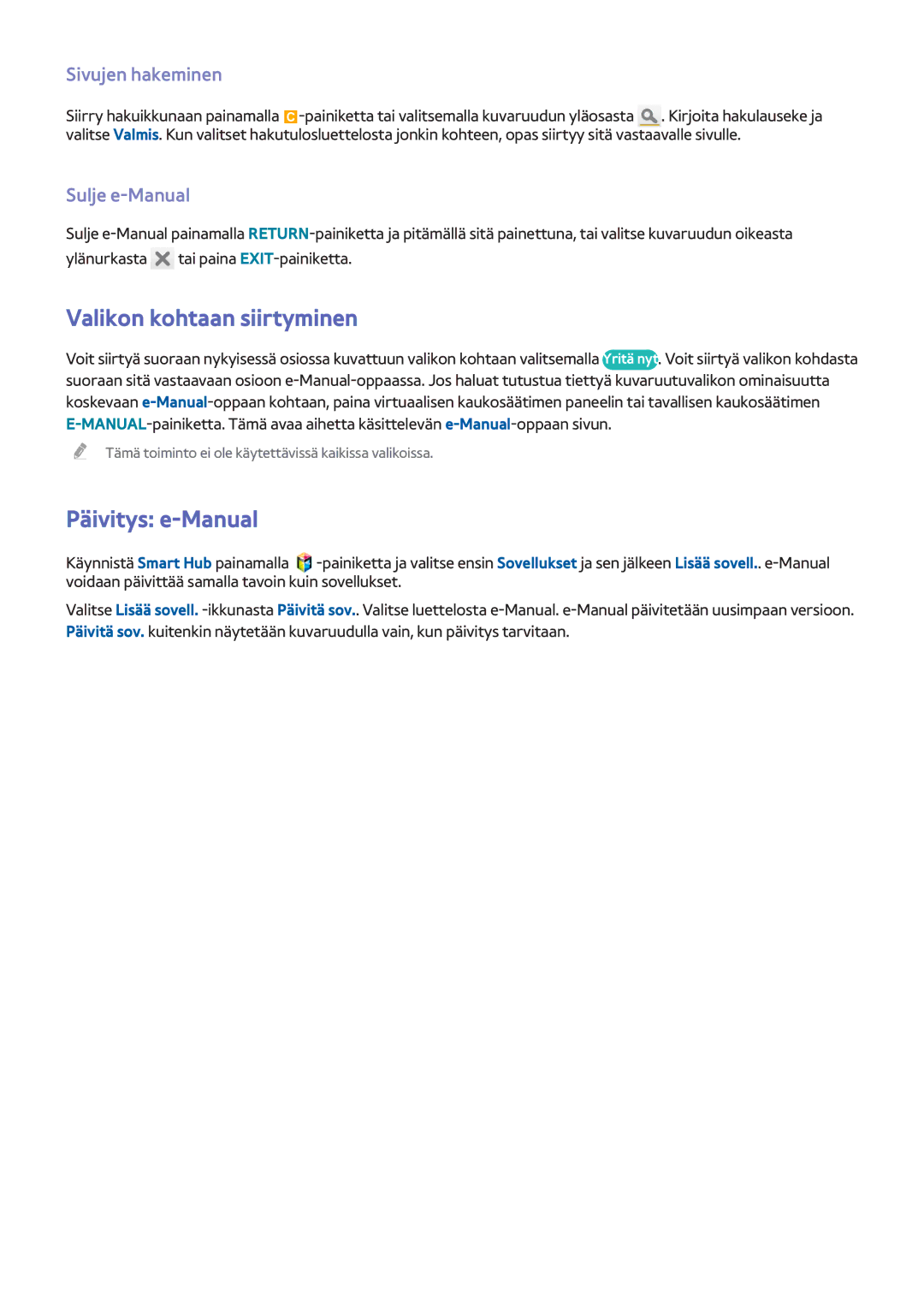 Samsung UE65F8005STXXE, UE40F7005STXXE Valikon kohtaan siirtyminen, Päivitys e-Manual, Sivujen hakeminen, Sulje e-Manual 