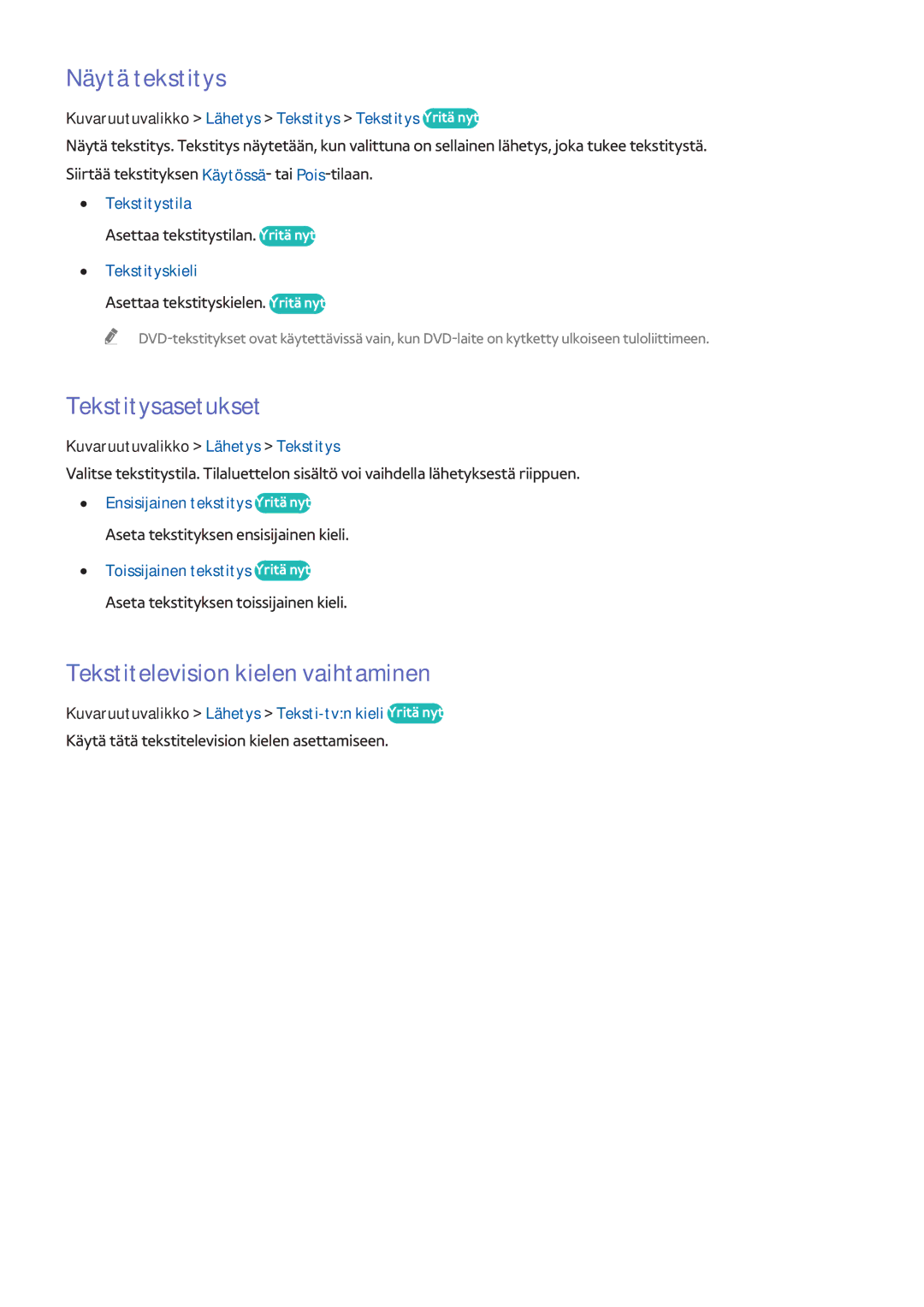 Samsung UE55F9005STXXE, UE40F7005STXXE manual Näytä tekstitys, Tekstitysasetukset, Tekstitelevision kielen vaihtaminen 