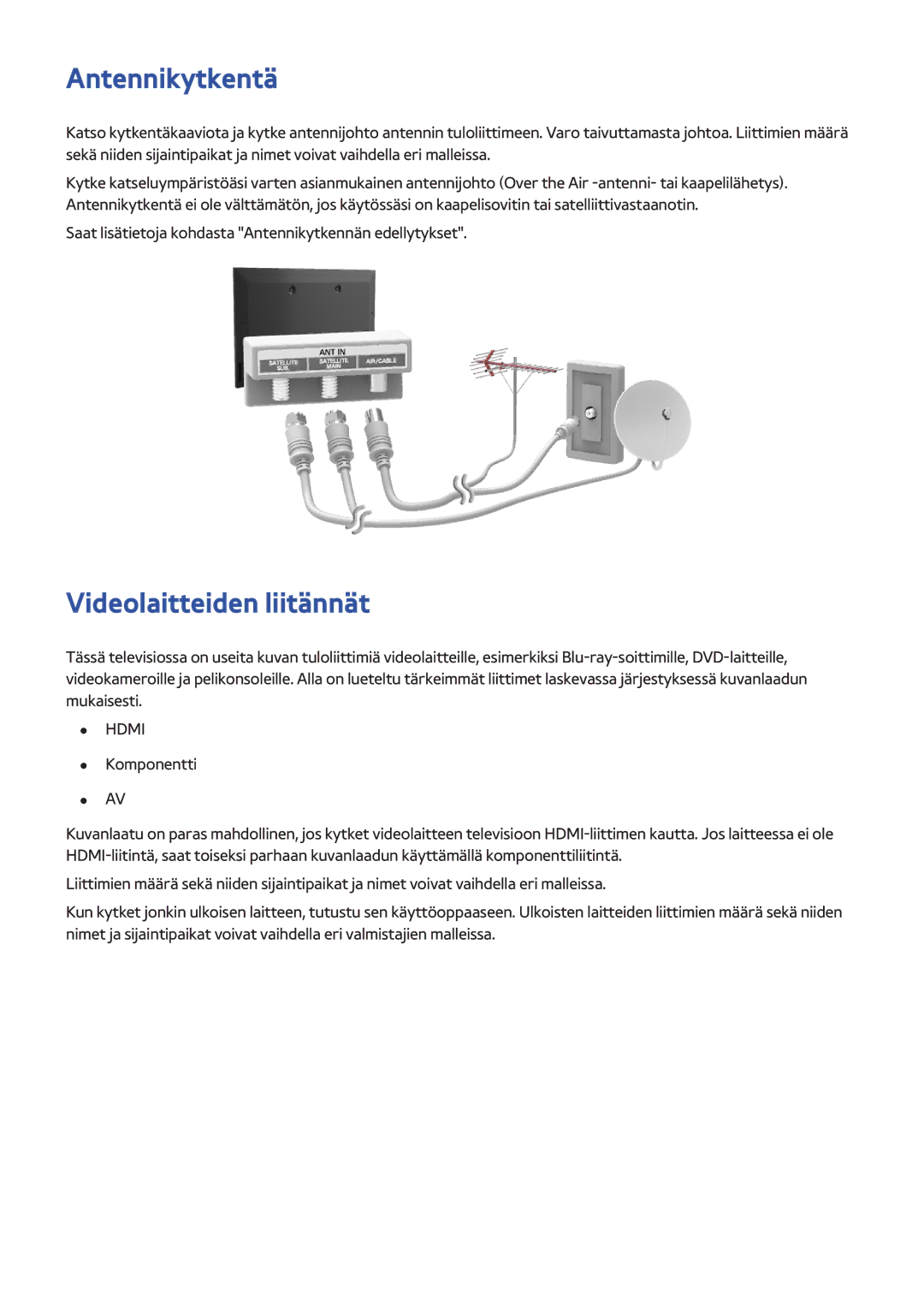 Samsung UE60F7005STXXE, UE40F7005STXXE, UE40F8005STXXE, UE55F9005STXXE manual Antennikytkentä, Videolaitteiden liitännät 