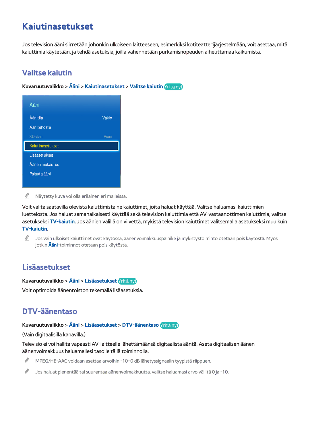 Samsung UE40F7005STXXE, UE40F8005STXXE, UE55F9005STXXE manual Kaiutinasetukset, Valitse kaiutin, Lisäasetukset, DTV-äänentaso 