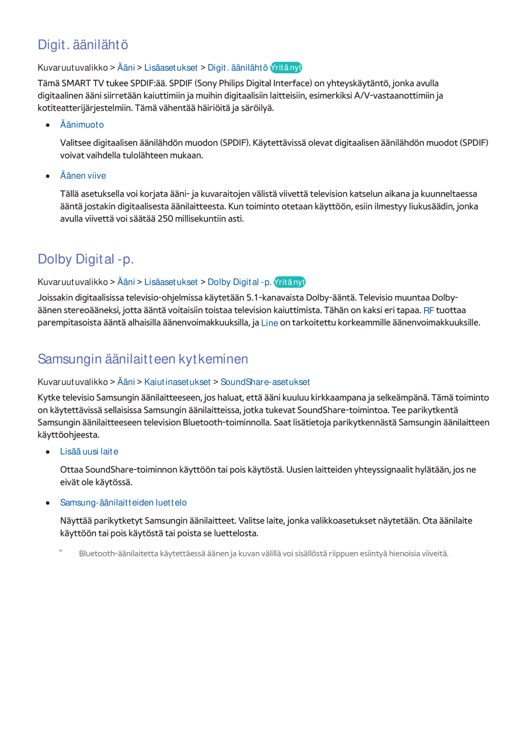 Samsung UE40F8005STXXE, UE40F7005STXXE, UE85S9STXXE Digit. äänilähtö, Dolby Digital -p, Samsungin äänilaitteen kytkeminen 