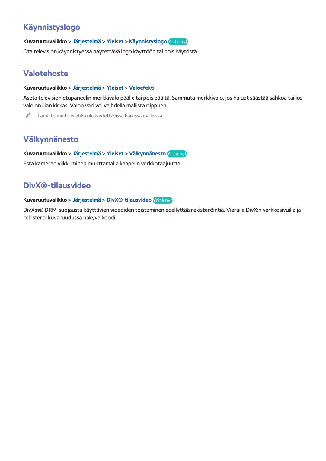 Samsung UE60F7005STXXE, UE40F7005STXXE, UE40F8005STXXE manual Käynnistyslogo, Valotehoste, Välkynnänesto, DivX-tilausvideo 