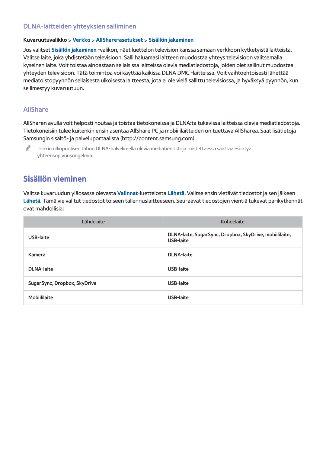 Samsung UE55F7005STXXE, UE40F7005STXXE, UE40F8005STXXE Sisällön vieminen, DLNA-laitteiden yhteyksien salliminen, AllShare 