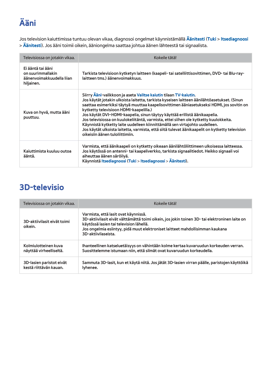 Samsung UE60F7005STXXE, UE40F7005STXXE, UE40F8005STXXE, UE55F9005STXXE, UE75F8005STXXE, UE85S9STXXE manual Ääni, 3D-televisio 