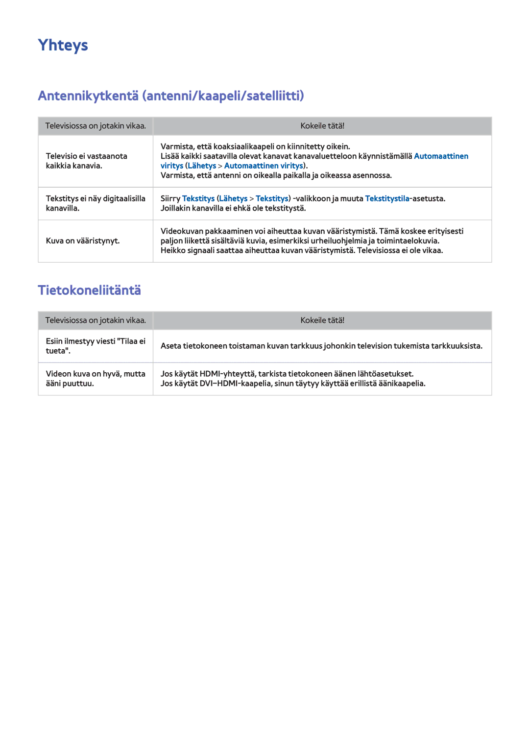 Samsung UE55F8005STXXE, UE40F7005STXXE, UE85S9STXXE Yhteys, Antennikytkentä antenni/kaapeli/satelliitti, Tietokoneliitäntä 