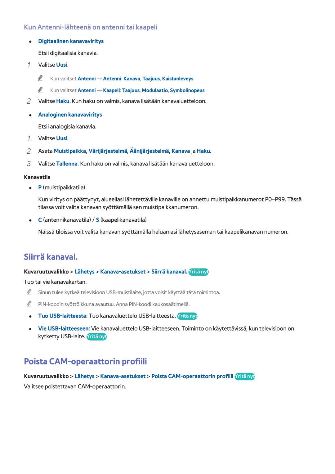 Samsung UE60F7005STXXE manual Siirrä kanaval, Poista CAM-operaattorin profiili, Kun Antenni-lähteenä on antenni tai kaapeli 