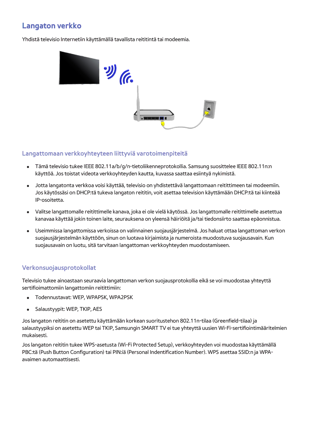 Samsung UE55F7005STXXE Langaton verkko, Langattomaan verkkoyhteyteen liittyviä varotoimenpiteitä, Verkonsuojausprotokollat 