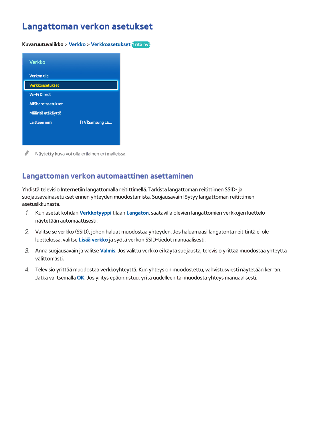 Samsung UE40F7005STXXE, UE40F8005STXXE manual Langattoman verkon asetukset, Langattoman verkon automaattinen asettaminen 