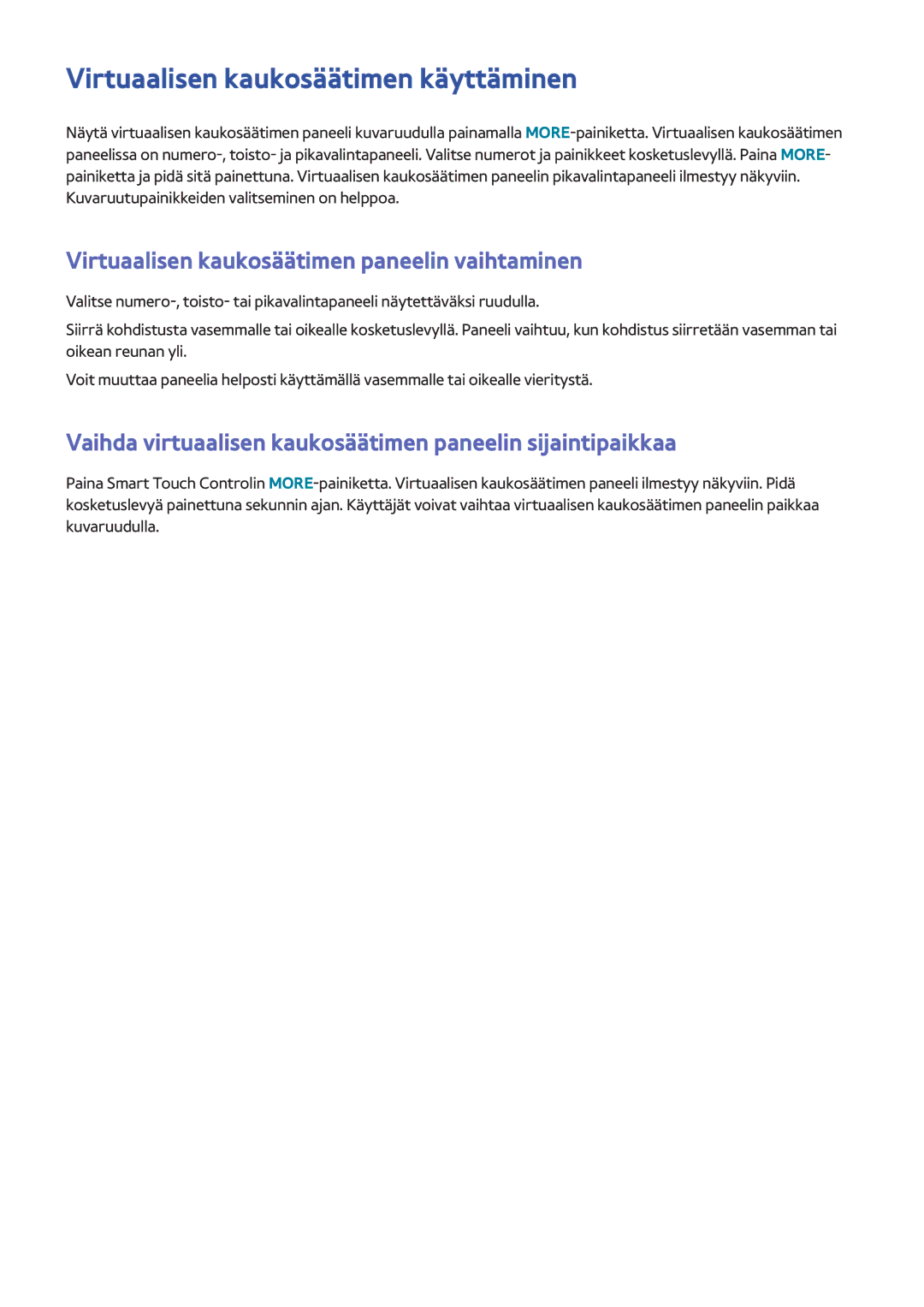 Samsung UE75F8005STXXE manual Virtuaalisen kaukosäätimen käyttäminen, Virtuaalisen kaukosäätimen paneelin vaihtaminen 