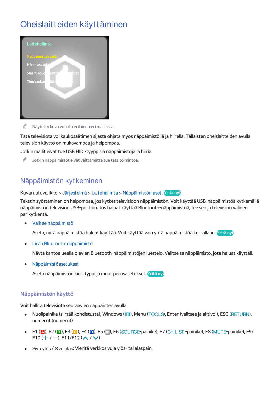 Samsung UE55F7005STXXE, UE40F7005STXXE manual Oheislaitteiden käyttäminen, Näppäimistön kytkeminen, Näppäimistön käyttö 