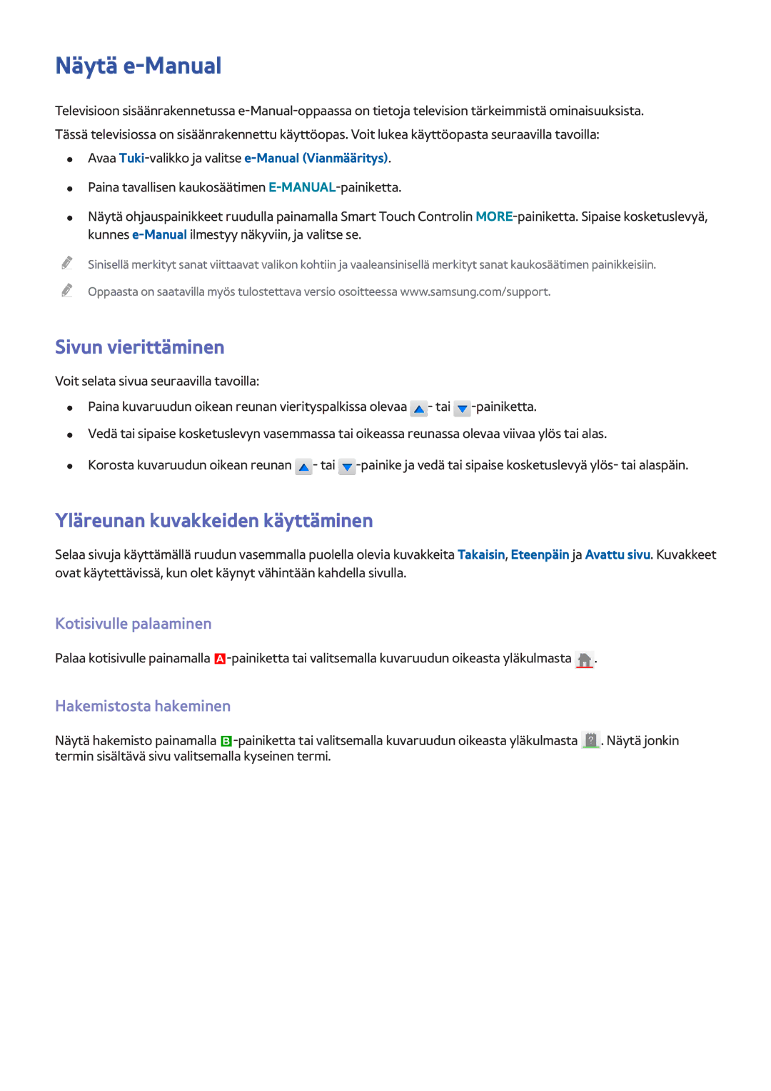 Samsung UE55F7005STXXE Näytä e-Manual, Sivun vierittäminen, Yläreunan kuvakkeiden käyttäminen, Kotisivulle palaaminen 