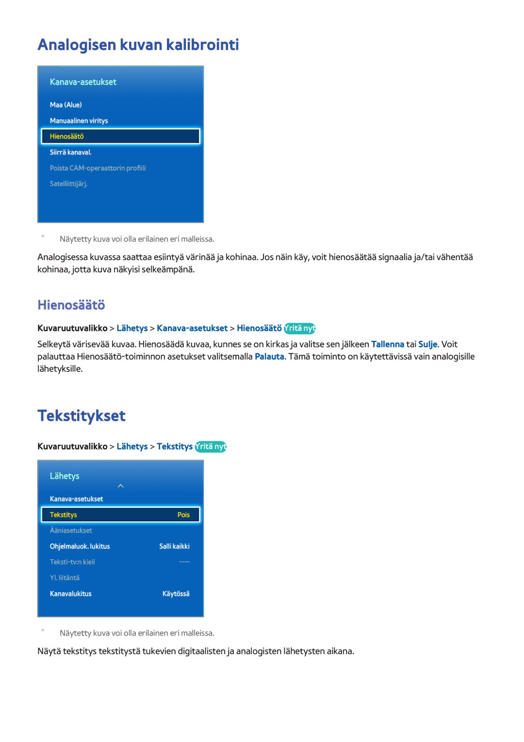 Samsung UE40F8005STXXE, UE40F7005STXXE manual Analogisen kuvan kalibrointi, Tekstitykset, Hienosäätö, Kanava-asetukset 