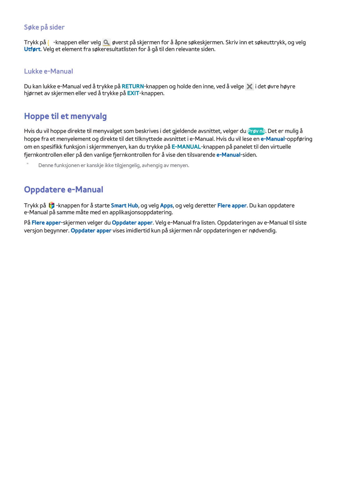 Samsung UE65F8005STXXE, UE40F7005STXXE manual Hoppe til et menyvalg, Oppdatere e-Manual, Søke på sider, Lukke e-Manual 
