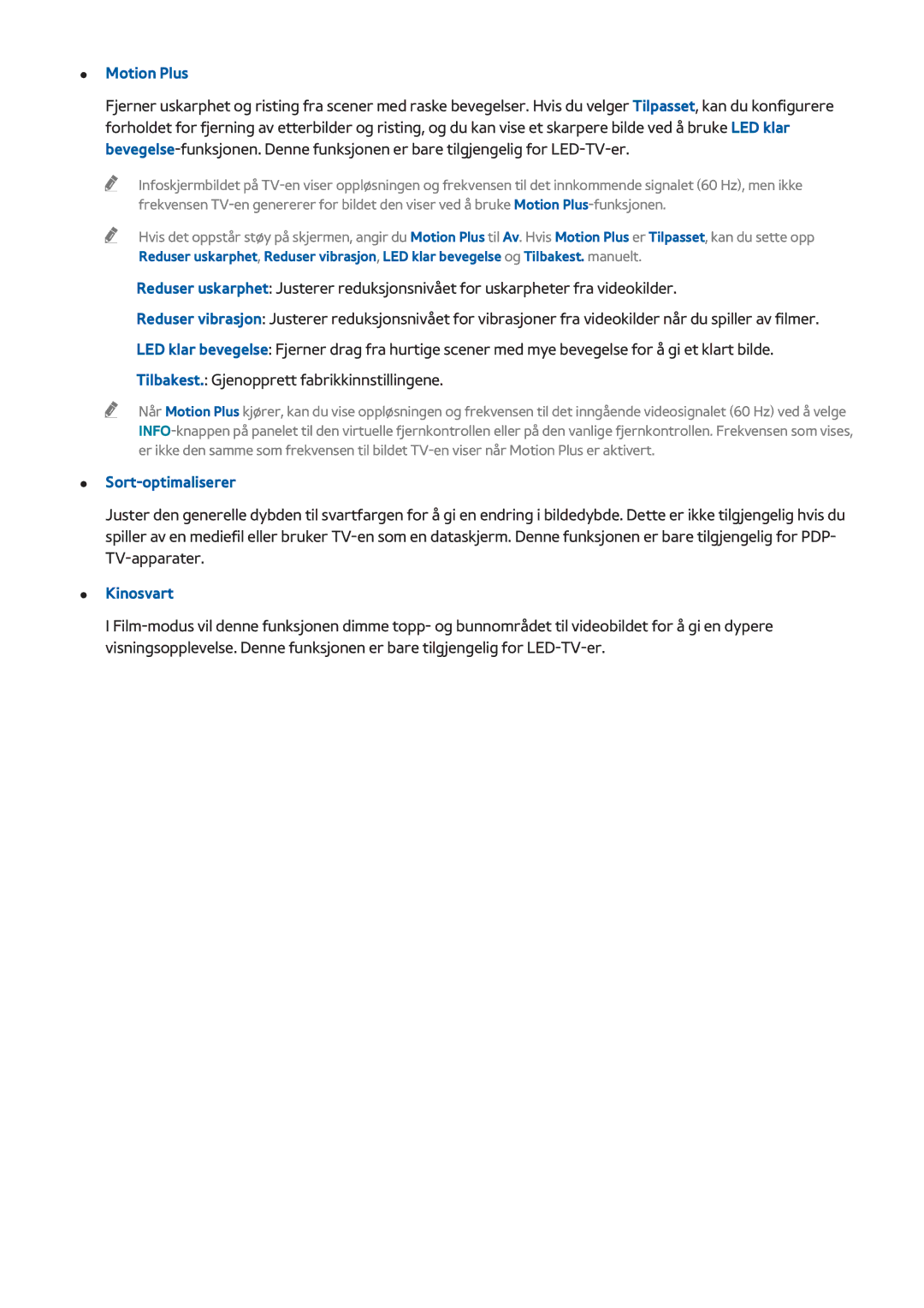 Samsung UE65F8005STXXE, UE40F7005STXXE, UE40F8005STXXE, UE55F9005STXXE manual Motion Plus, Sort-optimaliserer, Kinosvart 