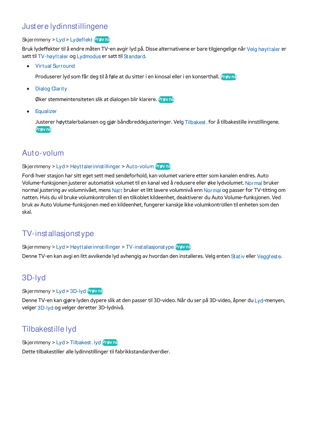 Samsung UE55F8005STXXE, UE85S9STXXE Justere lydinnstillingene, Auto-volum, TV-installasjonstype, 3D-lyd, Tilbakestille lyd 