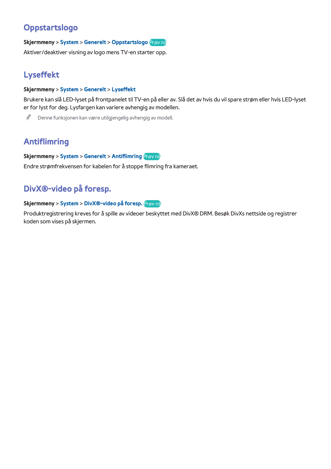 Samsung UE60F7005STXXE, UE40F7005STXXE, UE40F8005STXXE manual Oppstartslogo, Lyseffekt, Antiflimring, DivX-video på foresp 