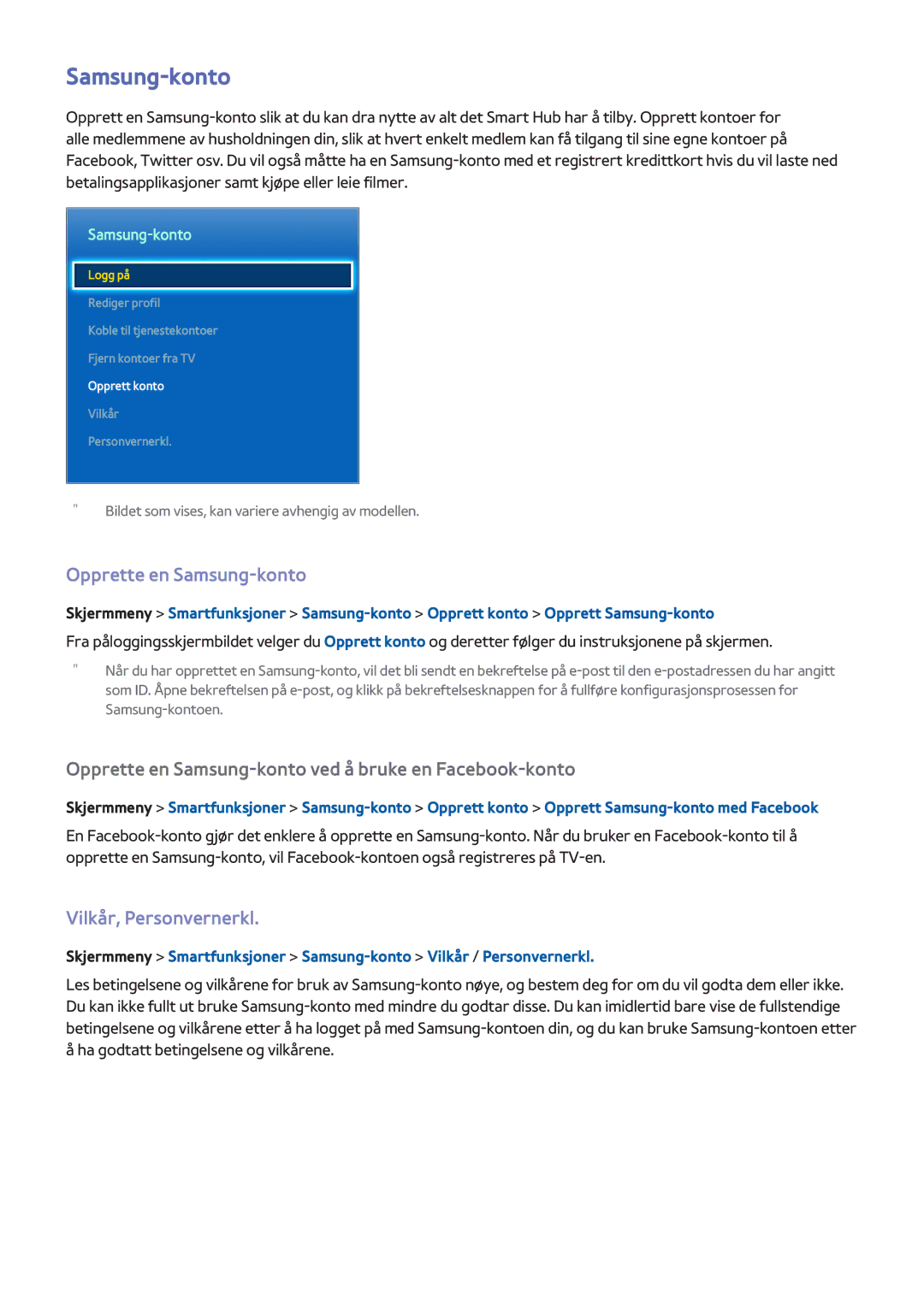 Samsung UE46F8505STXXE, UE40F7005STXXE, UE40F8005STXXE, UE55F9005STXXE Opprette en Samsung-konto, Vilkår, Personvernerkl 