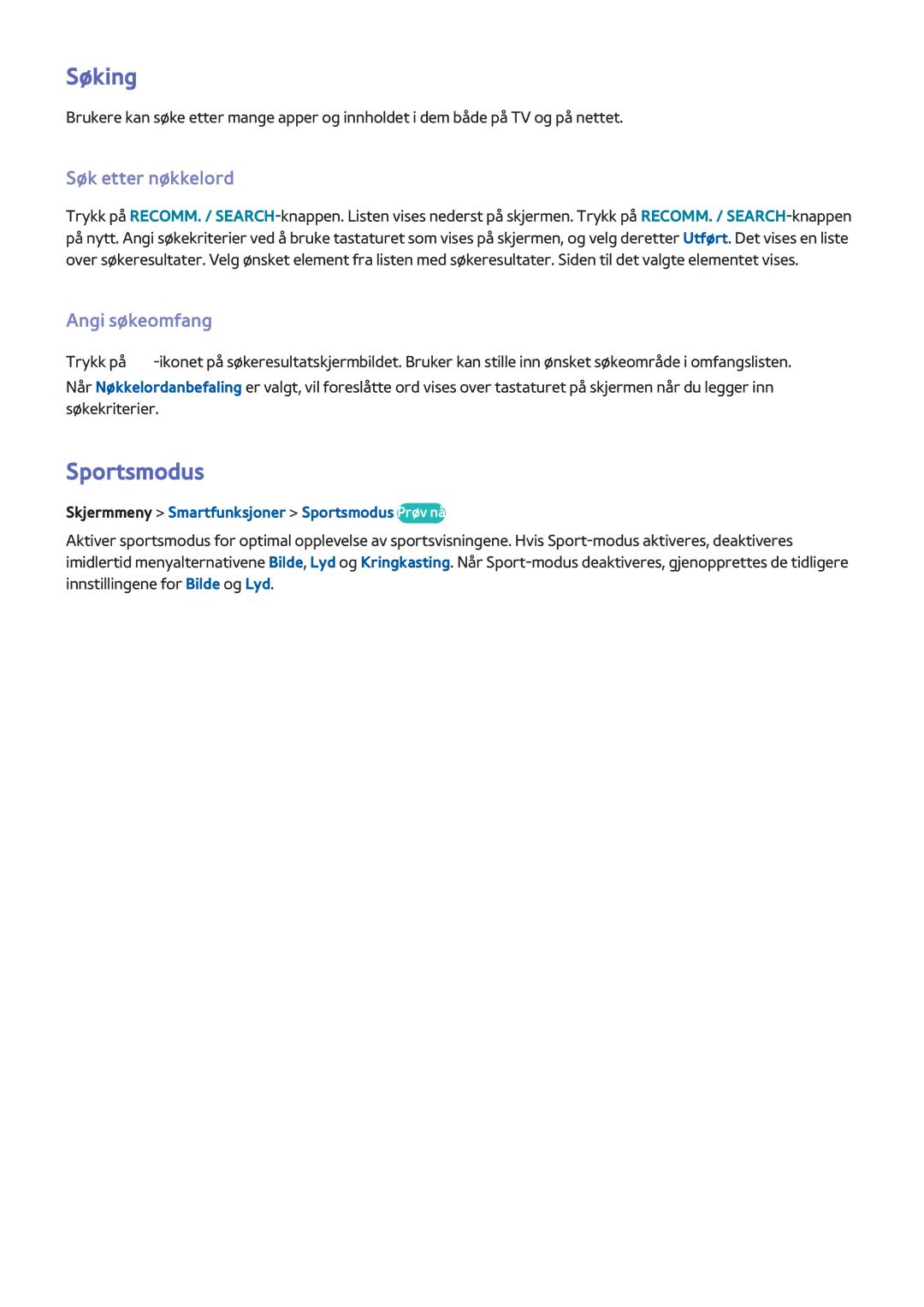Samsung UE55F9005STXXE manual Søk etter nøkkelord, Angi søkeomfang, Skjermmeny Smartfunksjoner Sportsmodus Prøv nå 