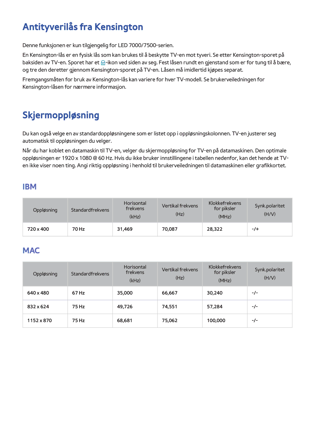 Samsung UE46F7005STXXE, UE40F7005STXXE, UE40F8005STXXE, UE55F9005STXXE manual Antityverilås fra Kensington, Skjermoppløsning 