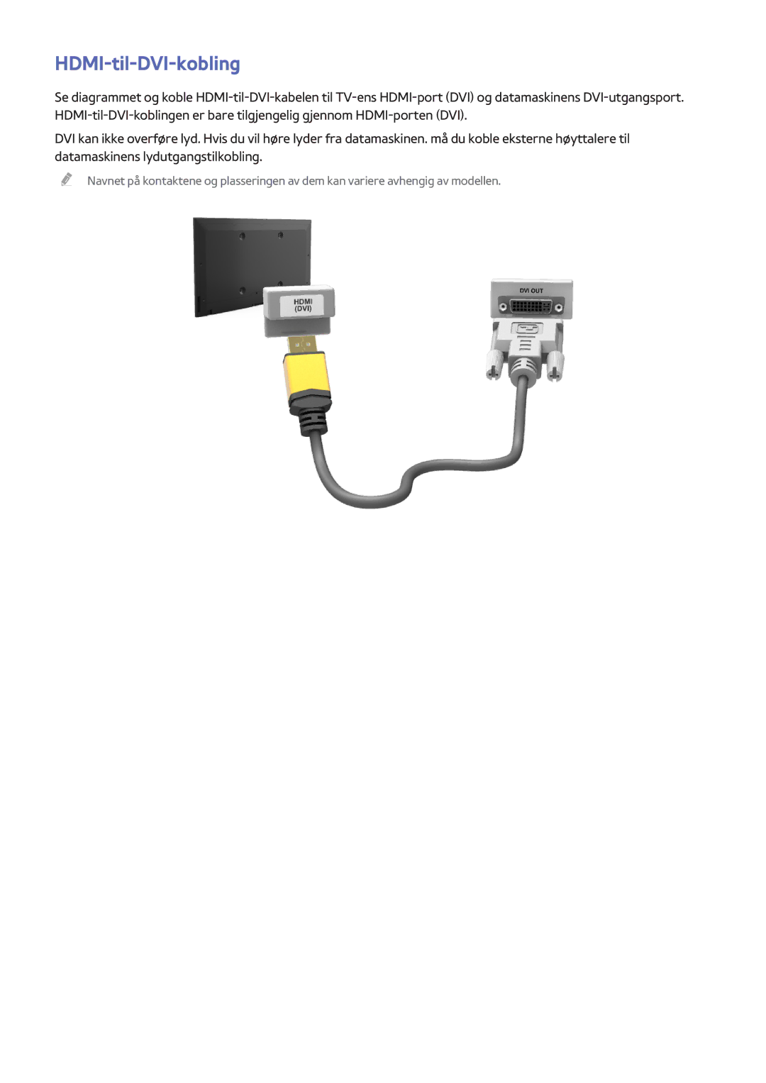 Samsung UE46F8005STXXE, UE40F7005STXXE, UE40F8005STXXE, UE55F9005STXXE, UE75F8005STXXE, UE85S9STXXE manual HDMI-til-DVI-kobling 