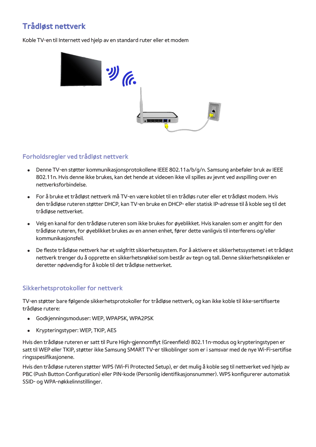 Samsung UE55F7005STXXE manual Trådløst nettverk, Forholdsregler ved trådløst nettverk, Sikkerhetsprotokoller for nettverk 