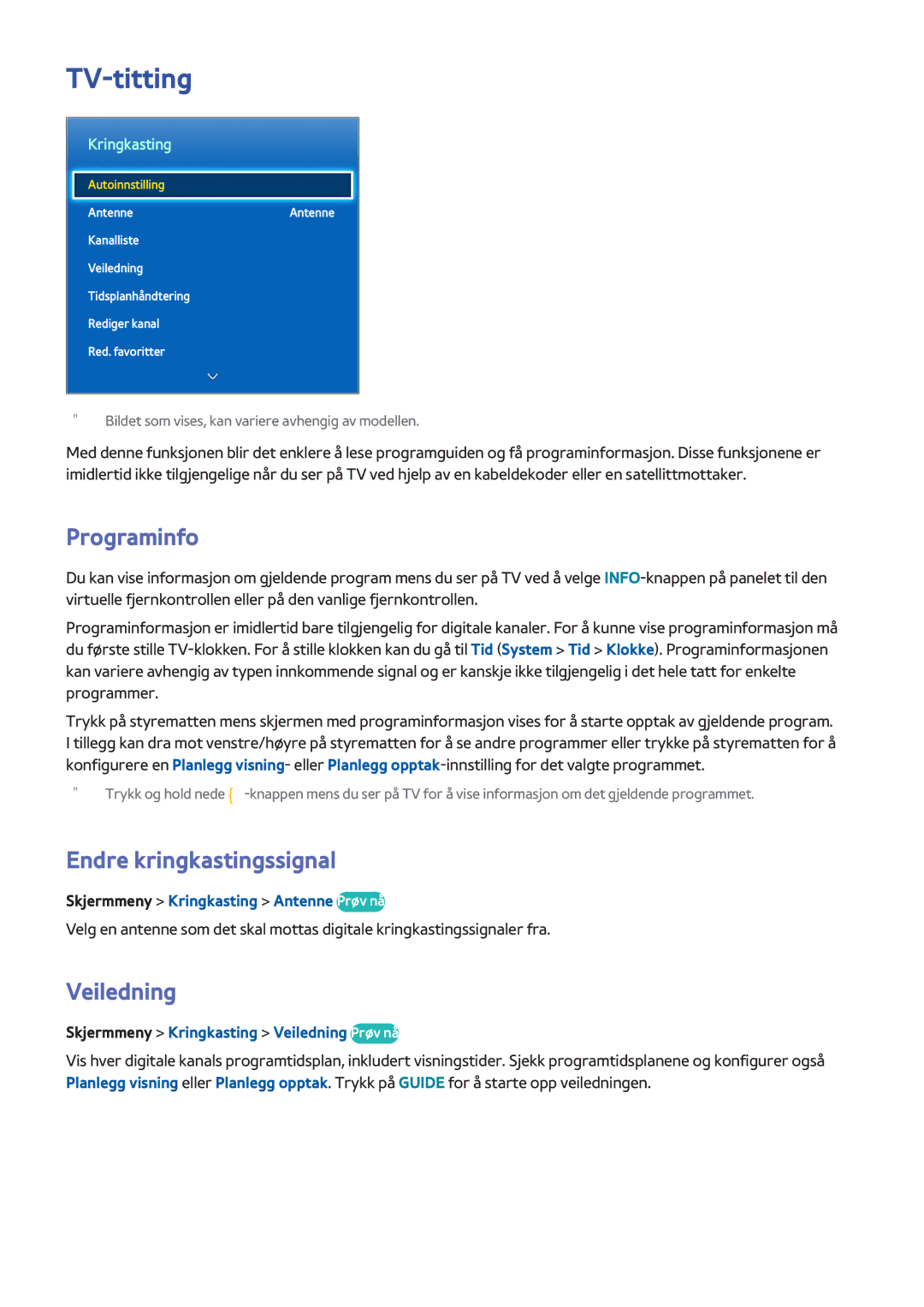Samsung UE60F7005STXXE, UE40F7005STXXE, UE40F8005STXXE manual TV-titting, Programinfo, Endre kringkastingssignal, Veiledning 