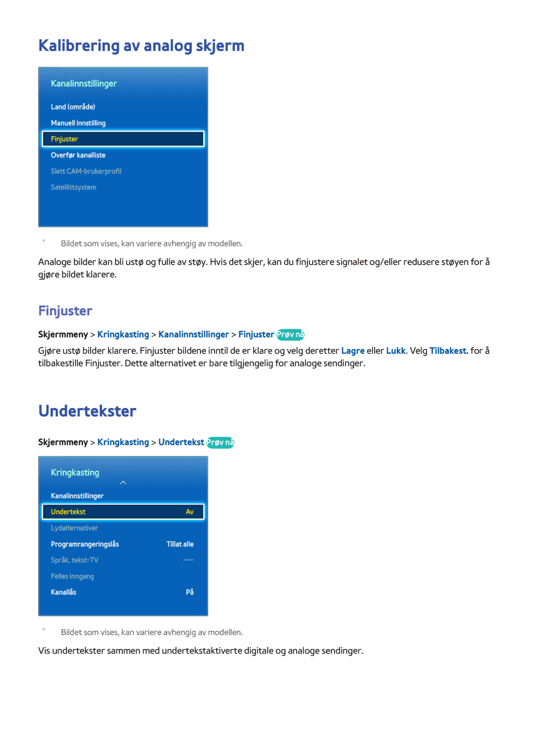 Samsung UE40F8005STXXE, UE40F7005STXXE manual Kalibrering av analog skjerm, Undertekster, Finjuster, Kanalinnstillinger 