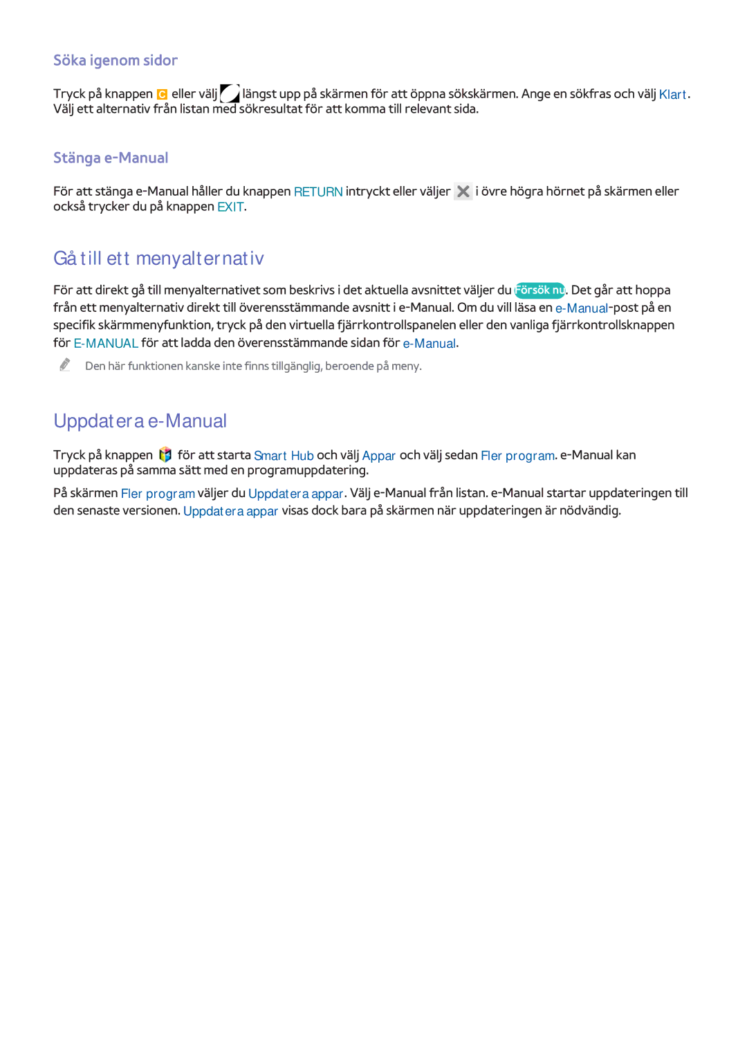 Samsung UE65F8005STXXE, UE40F7005STXXE Gå till ett menyalternativ, Uppdatera e-Manual, Söka igenom sidor, Stänga e-Manual 