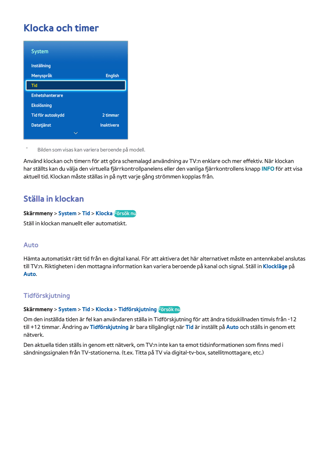 Samsung UE55F9005STXXE, UE40F7005STXXE, UE40F8005STXXE manual Klocka och timer, Ställa in klockan, Auto, Tidförskjutning 