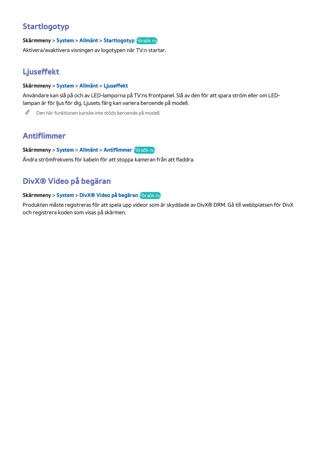 Samsung UE60F7005STXXE, UE40F7005STXXE, UE40F8005STXXE manual Startlogotyp, Ljuseffekt, Antiflimmer, DivX Video på begäran 