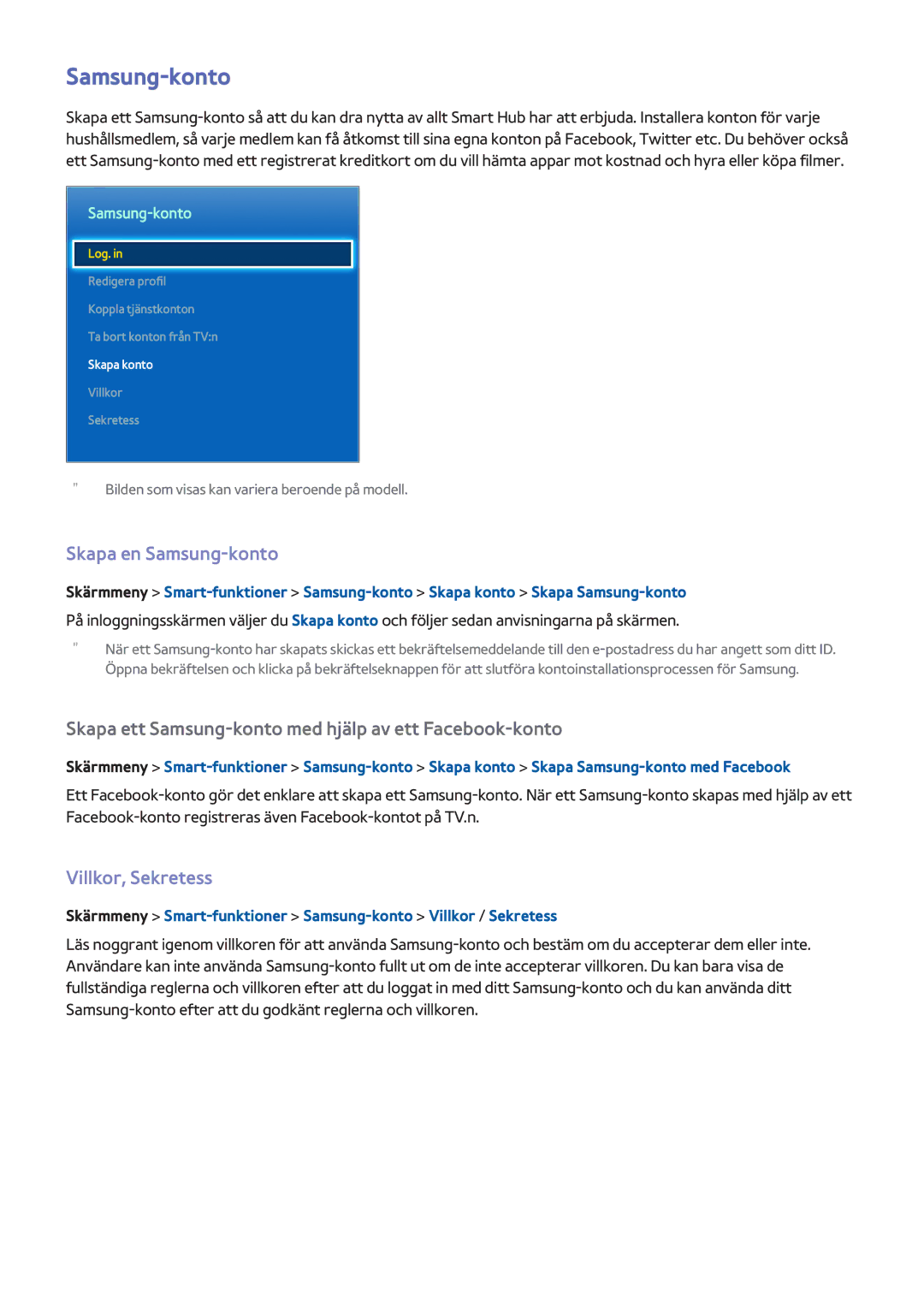 Samsung UE46F8505STXXE, UE40F7005STXXE, UE40F8005STXXE, UE55F9005STXXE manual Skapa en Samsung-konto, Villkor, Sekretess 