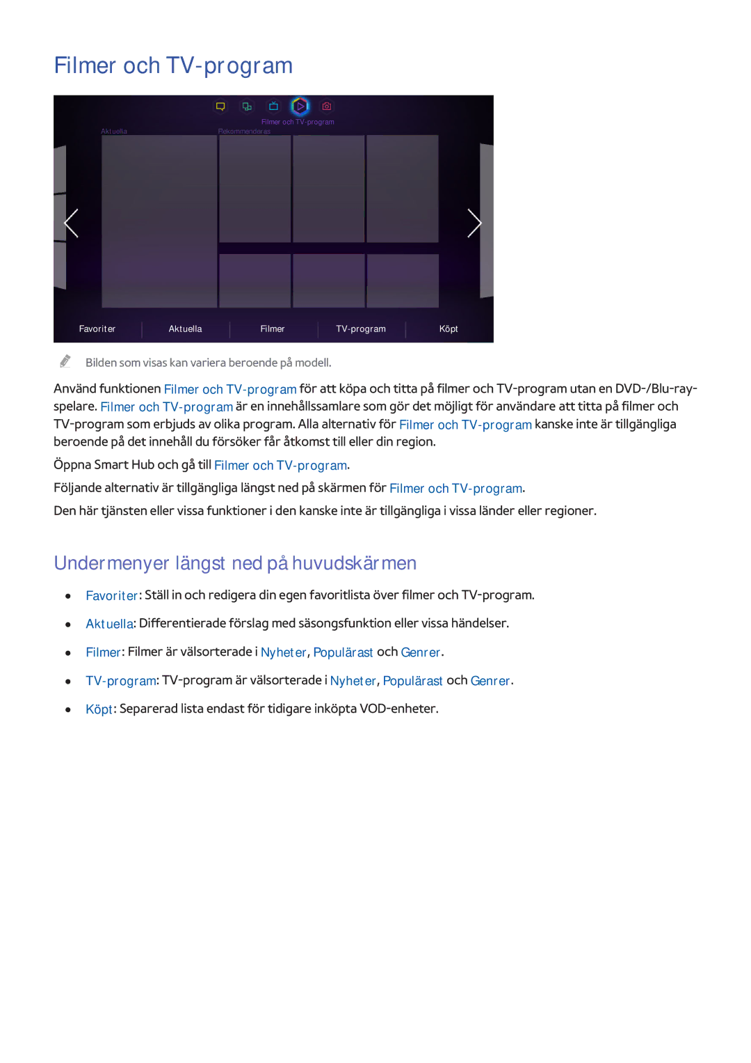 Samsung UE75F8005STXXE, UE40F7005STXXE, UE40F8005STXXE manual Filmer och TV-program, Undermenyer längst ned på huvudskärmen 