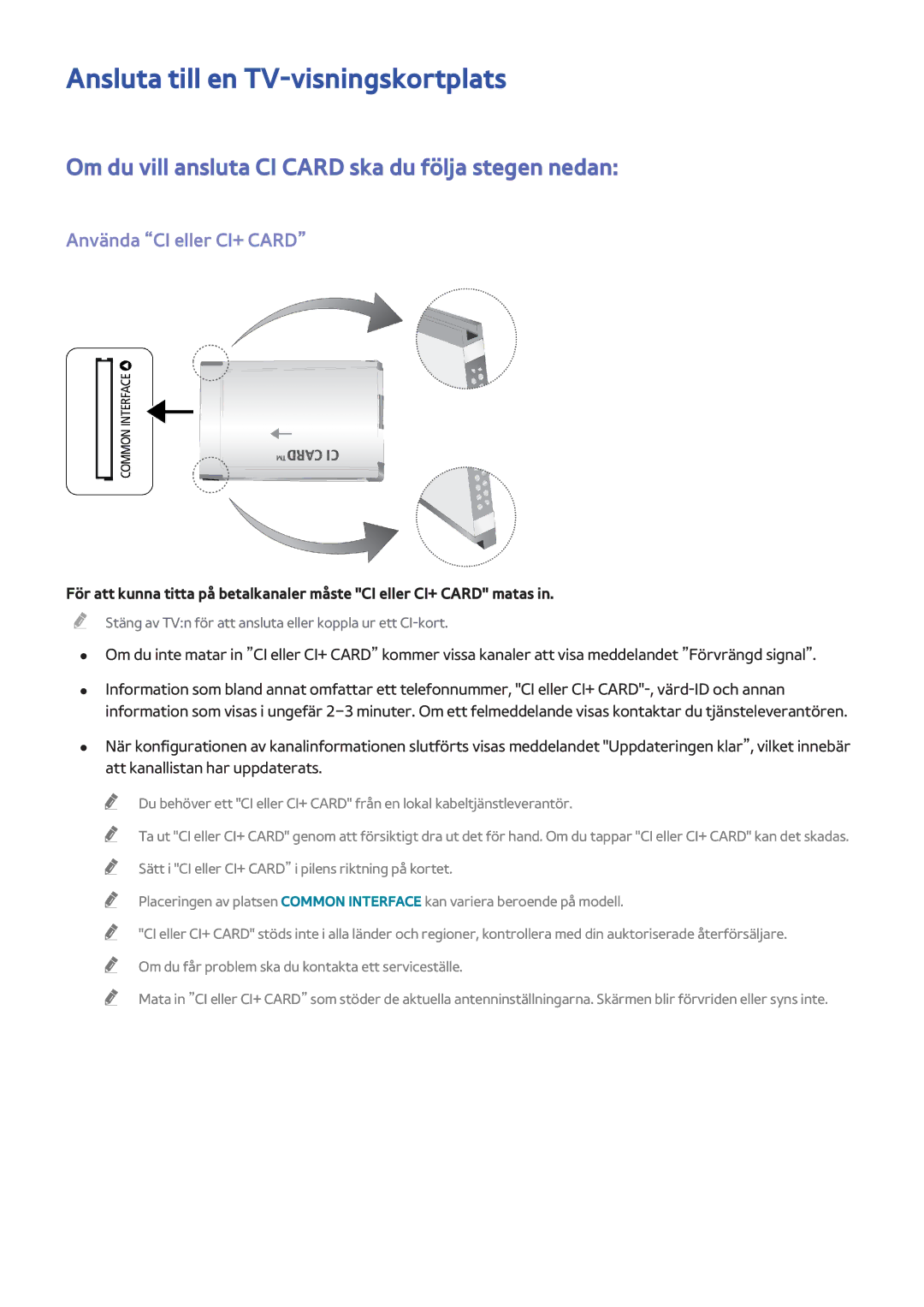 Samsung UE55F9005STXXE manual Ansluta till en TV-visningskortplats, Om du vill ansluta CI Card ska du följa stegen nedan 