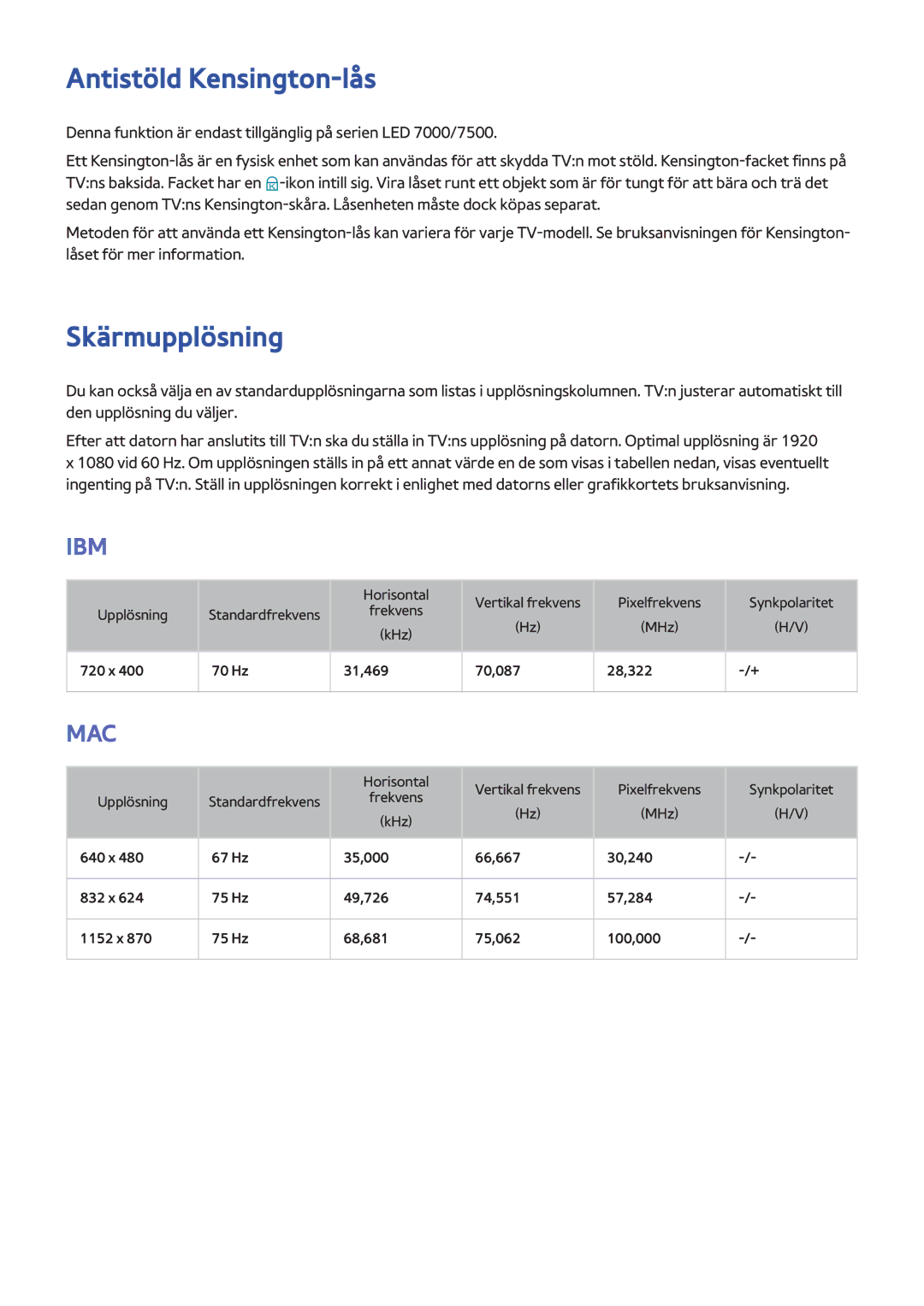 Samsung UE46F7005STXXE, UE40F7005STXXE, UE40F8005STXXE, UE55F9005STXXE, UE85S9STXXE Antistöld Kensington-lås, Skärmupplösning 