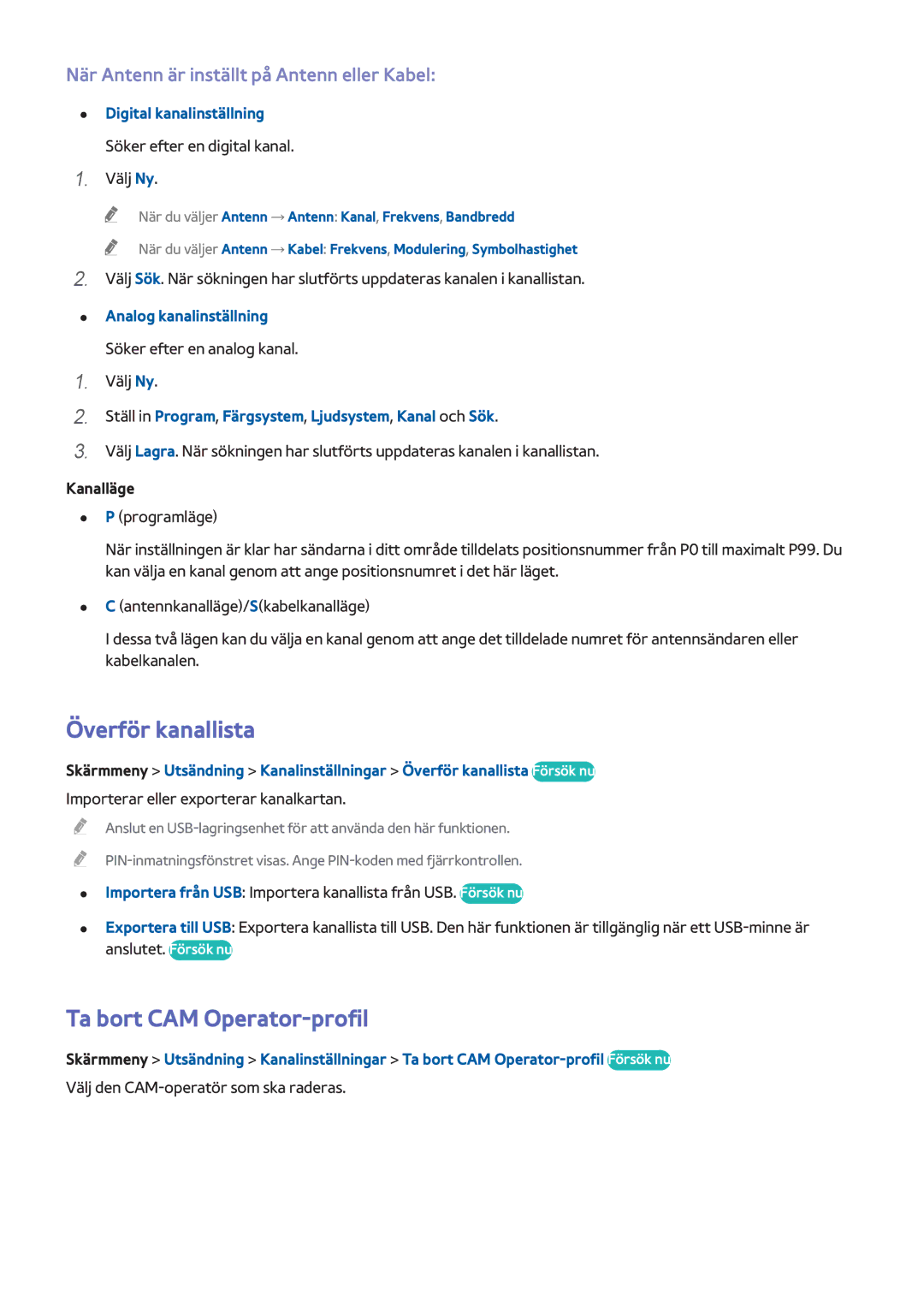 Samsung UE60F7005STXXE manual Överför kanallista, Ta bort CAM Operator-profil, När Antenn är inställt på Antenn eller Kabel 