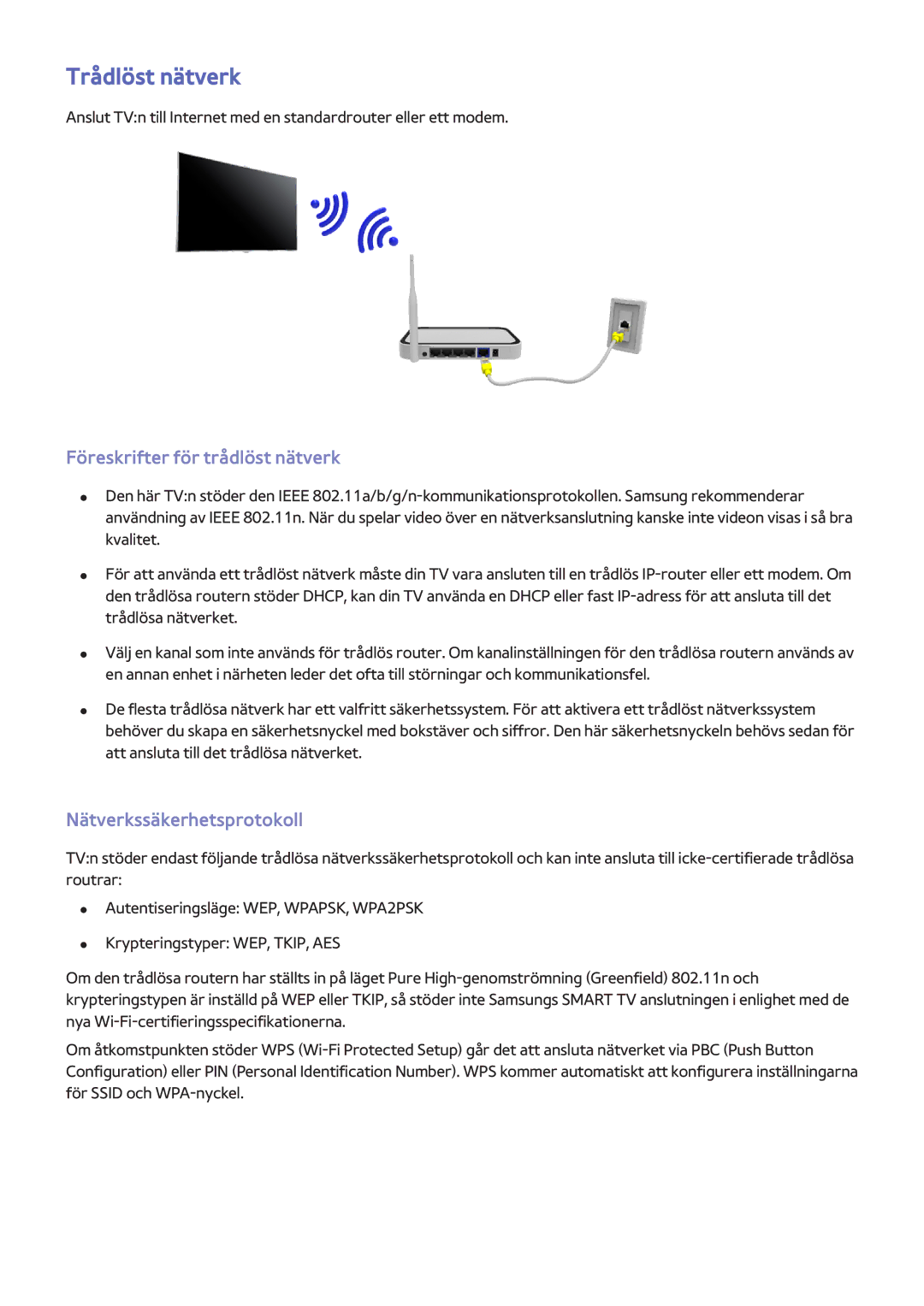 Samsung UE55F7005STXXE, UE40F7005STXXE Trådlöst nätverk, Föreskrifter för trådlöst nätverk, Nätverkssäkerhetsprotokoll 